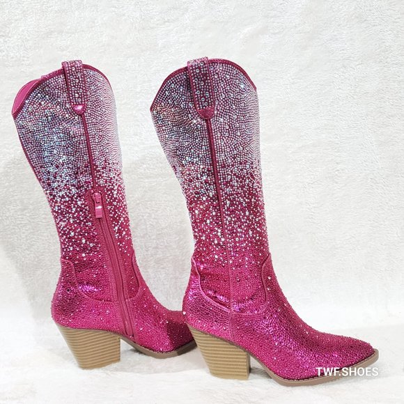 Wild Ones Fuchsia Ombre Rhinestone Western Cowgirl Knee Boots Hot Pink - Picture 6 of 17